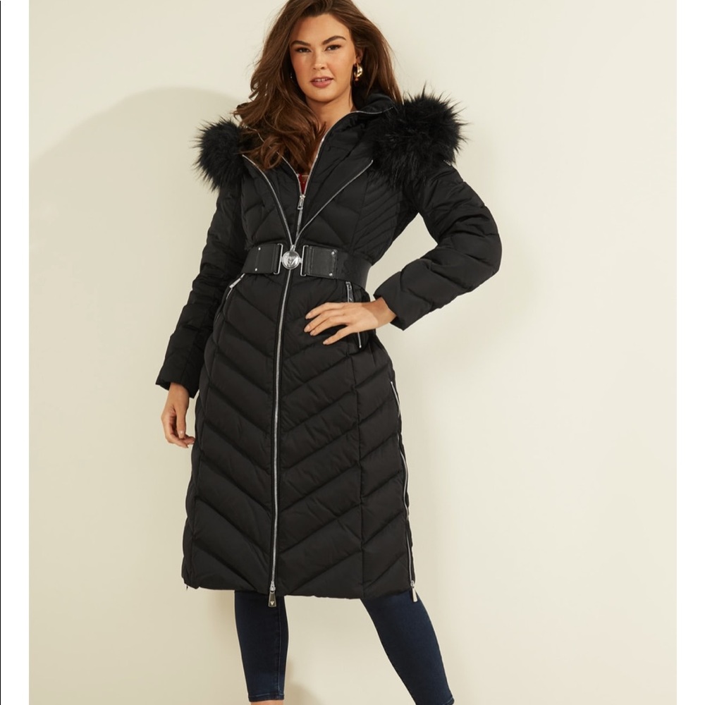 Guess Sofia Belted Longline Coat Jet Black - Picture 2 of 14